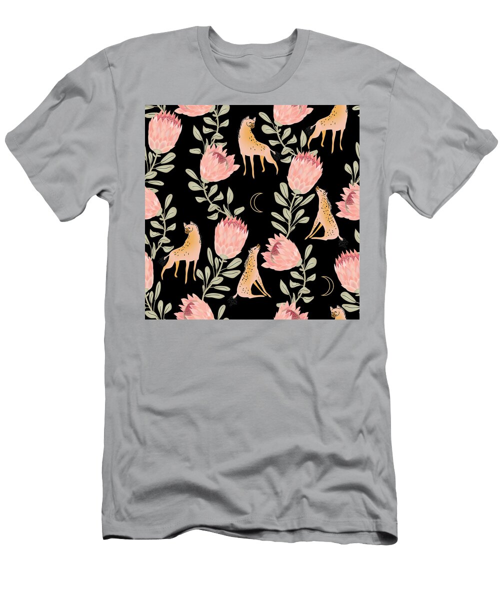 Hyena and Protea on Black Background Seamless Pattern Julien T-Shirt